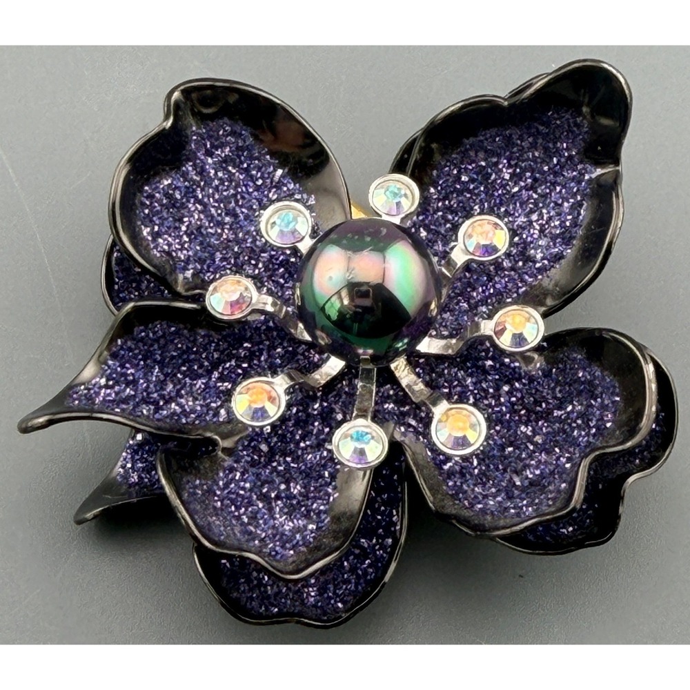Vintage Joan Rivers Brooch Purple Glitter Flower Rhinestones Witchy Goth 2.25"